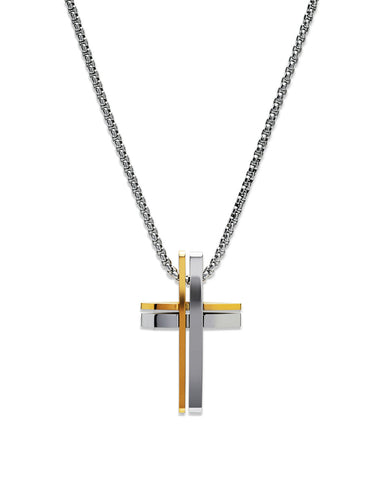 Unique Mens Stainless Steel & Gold Plated Cross Necklace