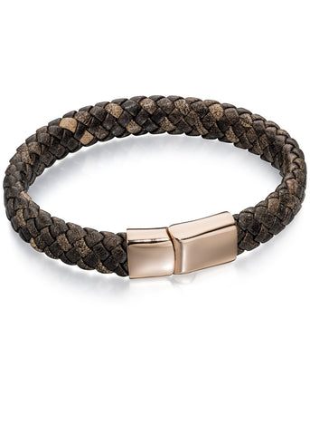 FRED BENNETT MENS ROSE GOLD PLATED LEATHER BRAID BRACELET