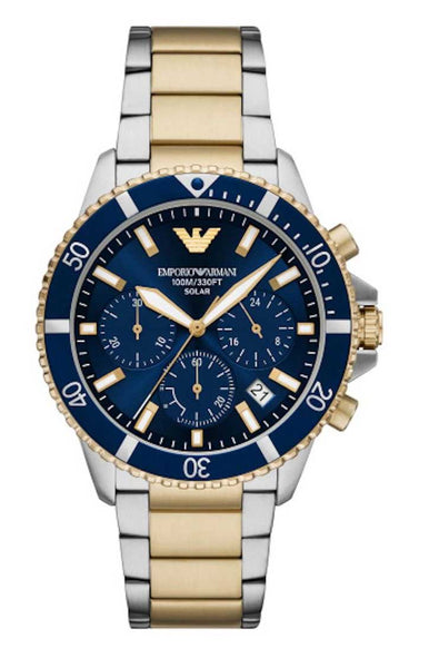 Emporio Armani Two Tone Blue Dial Chronograph Watch AR11740