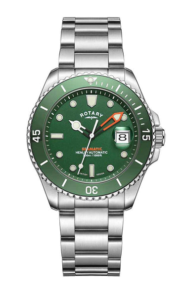 Rotary watch with green dial and silver bracelet on a white background