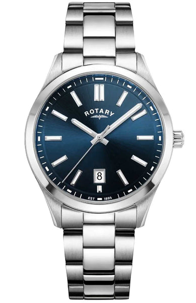 Silver Rotary watch with a blue dial on a white background