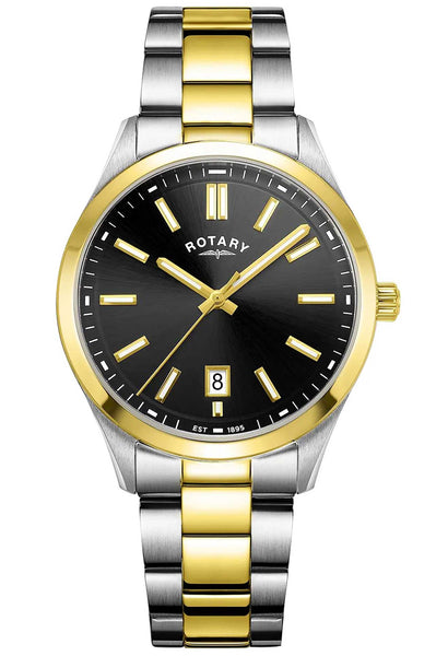 Two-tone silver and gold watch with black dial on a white background