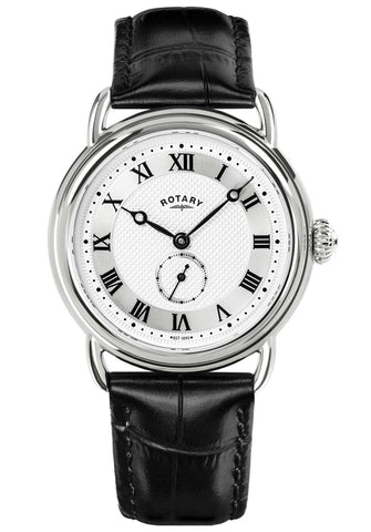 Rotary watch with black leather strap and white face on a white background GS02424/21