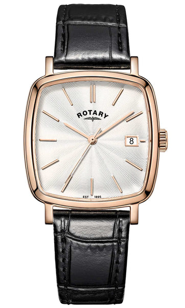 Rotary watch with black leather strap and rose gold case on white background GS05309/01