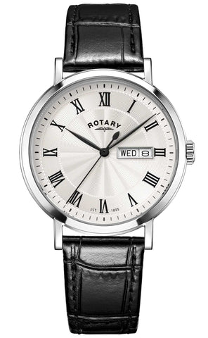 Rotary watch with black leather strap and white face on a white background GS05420/01
