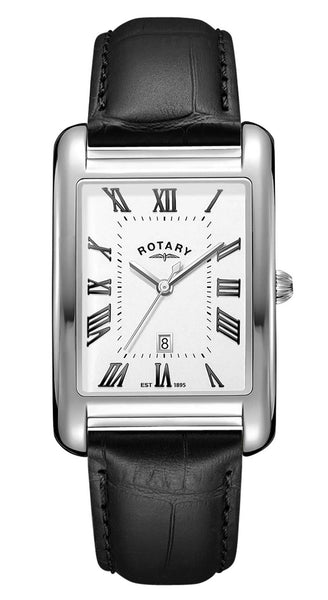 Rotary watch with black leather strap and white face on a white background GS05750/01