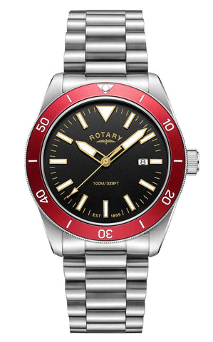 Rotary watch with a black face, red bezel, and silver bracelet on a black background RGB10001/98