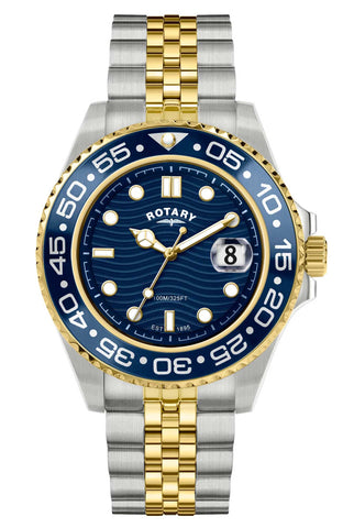 Rotary watch with blue dial, gold and silver bracelet on white background RGB10018/05