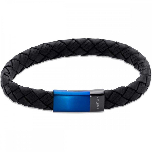 Unique & Co Black Leather Bracelet with Blue Stainless Steel Magnetic Clasp