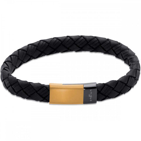 Unique & Co Black Leather Bracelet with Gold Colour Stainless Steel Magnetic Clasp