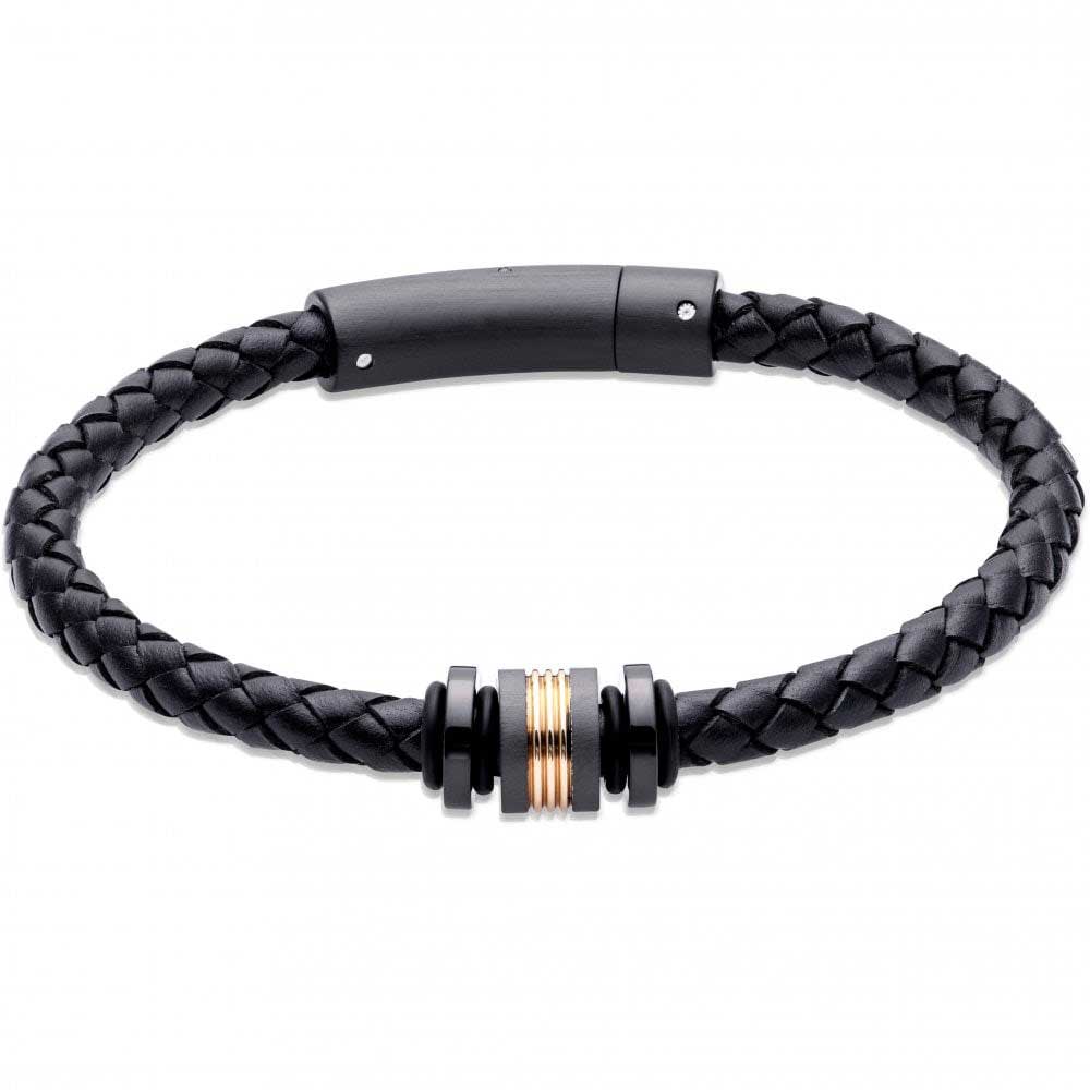 Unique & Co Men's Black Leather Bracelet with Black & Gold Element