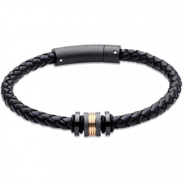 Unique & Co Men's Black Leather Bracelet with Black & Gold Element