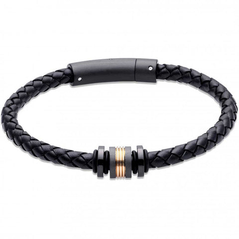 Unique & Co Men's Black Leather Bracelet with Black & Gold Element