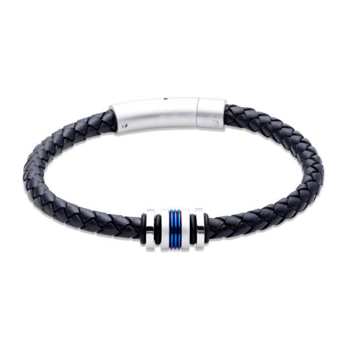 Unique & Co Men's Navy Leather Bracelet with Steel & Blue Element