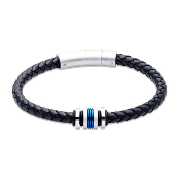Unique & Co Men's Navy Leather Bracelet with Steel & Blue Element