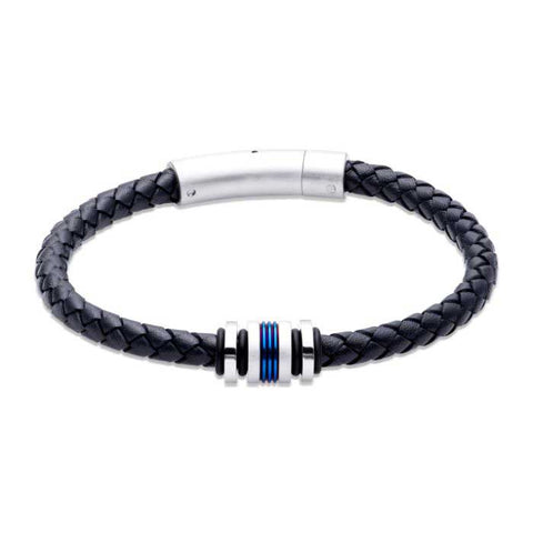 Unique & Co Men's Navy Leather Bracelet with Steel & Blue Element