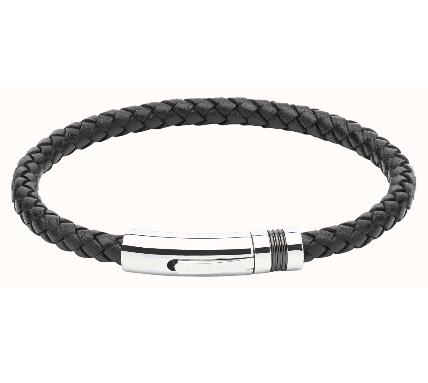 Unique & Co Polished Stainless Steel Black Leather Bracelet