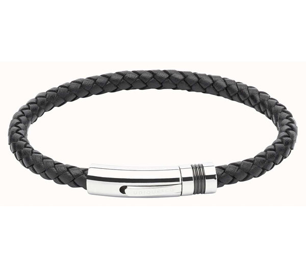 Unique & Co Polished Stainless Steel Black Leather Bracelet