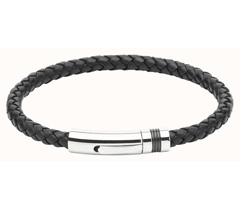 Unique & Co Polished Stainless Steel Black Leather Bracelet