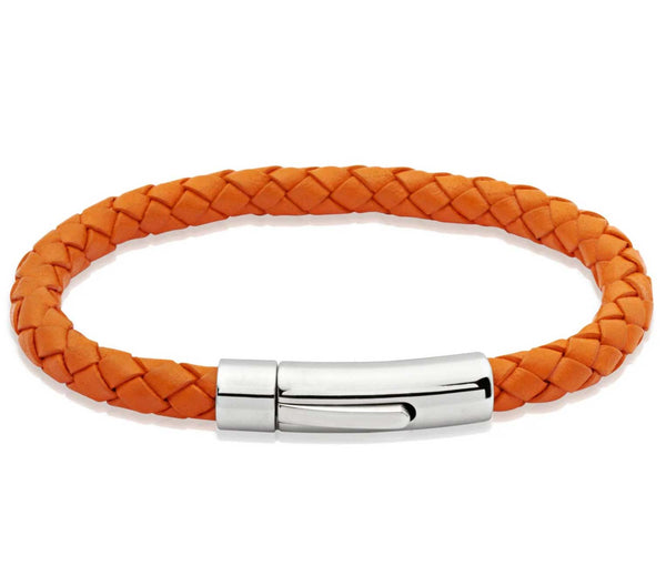 Unique & Co Polished Stainless Steel Orange Leather Bracelet