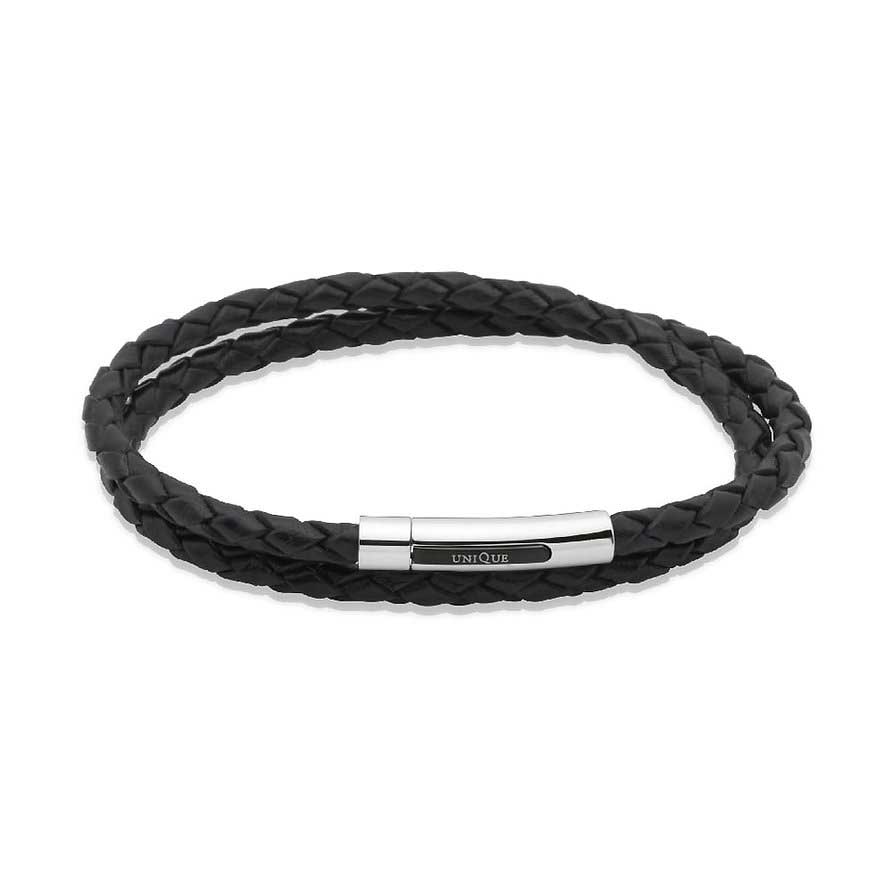 Unique & Co Stainless Steel Double Wrap Black Leather Bracelet