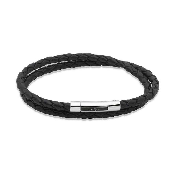Unique & Co Stainless Steel Double Wrap Black Leather Bracelet