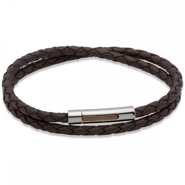 Unique & Co Stainless Steel Double Wrap Brown Leather Bracelet