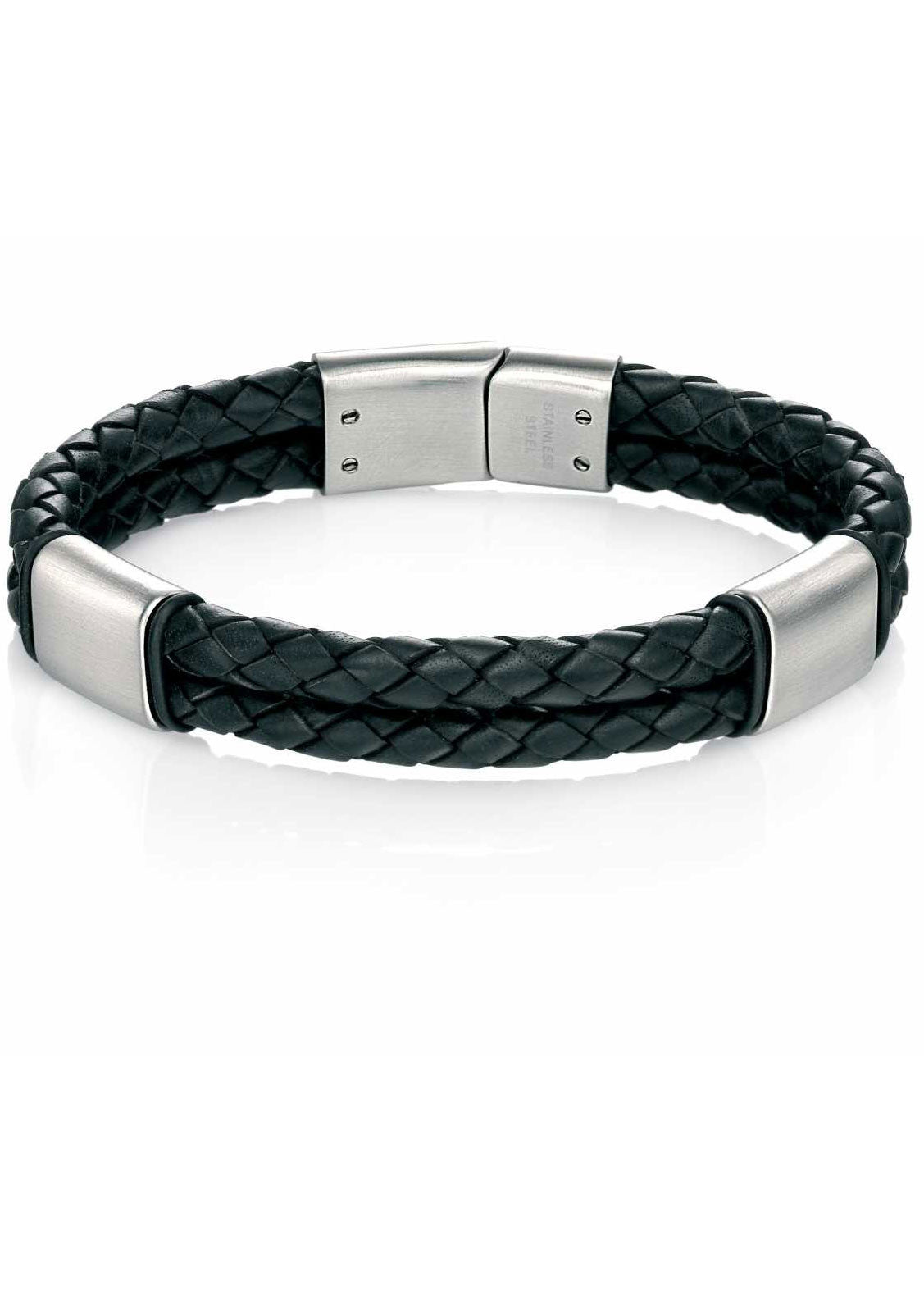 Fred Bennett Stainless Steel Mens Black Leather Bracelet - B4373