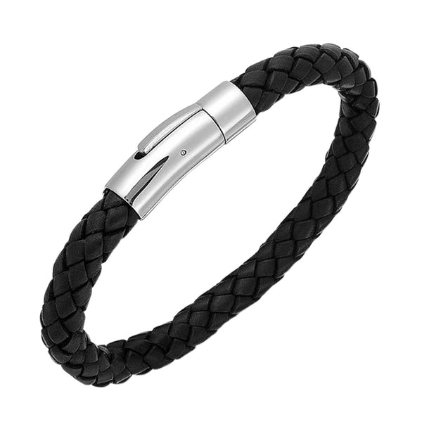 Unique Mens Black Leather Bracelet With Stainless Steel Clasp - B322BL