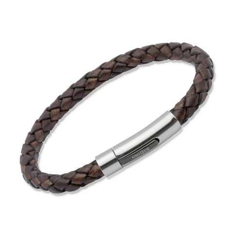 Unique Mens Antique Dark Brown Leather Bracelet With Steel Clasp - B322DB